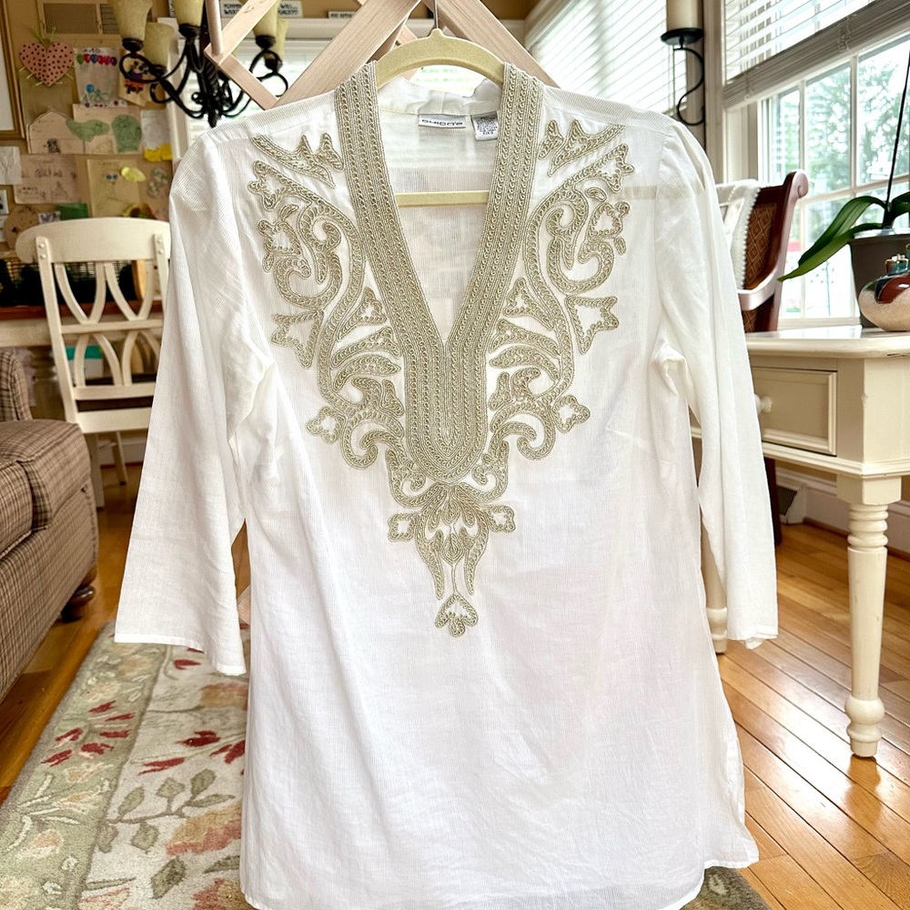 Chico's Sheer White Tunic/Cover-up/Nightie with Pale Gold Embroidery Size 0
